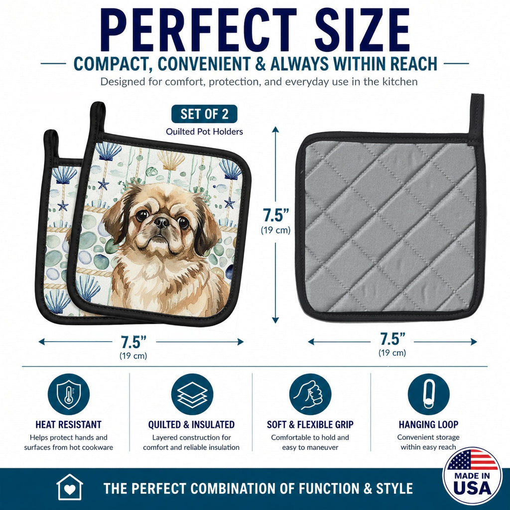 Sable Pekingese Coastal Sea Glass Pot Holder Set of 2 Heat Resistant Quilted Hot Pads 7.5 x 7.5 Inch, Insulated Kitchen Trivets for Cooking & Baking