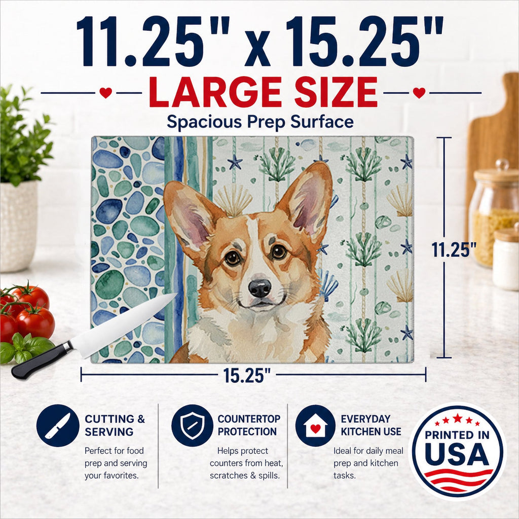 Corgi Coastal Sea Glass Cutting Board Tempered Glass Kitchen Cutting Surface, Heat Resistant Chopping, Non-Slip Feet, Food Prep & Serving