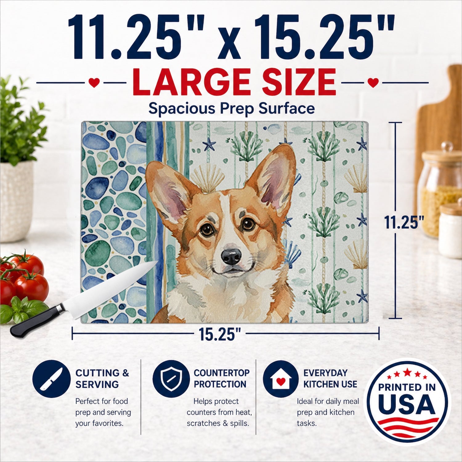 Corgi Coastal Sea Glass Cutting Board Tempered Glass Kitchen Cutting Surface, Heat Resistant Chopping, Non-Slip Feet, Food Prep & Serving