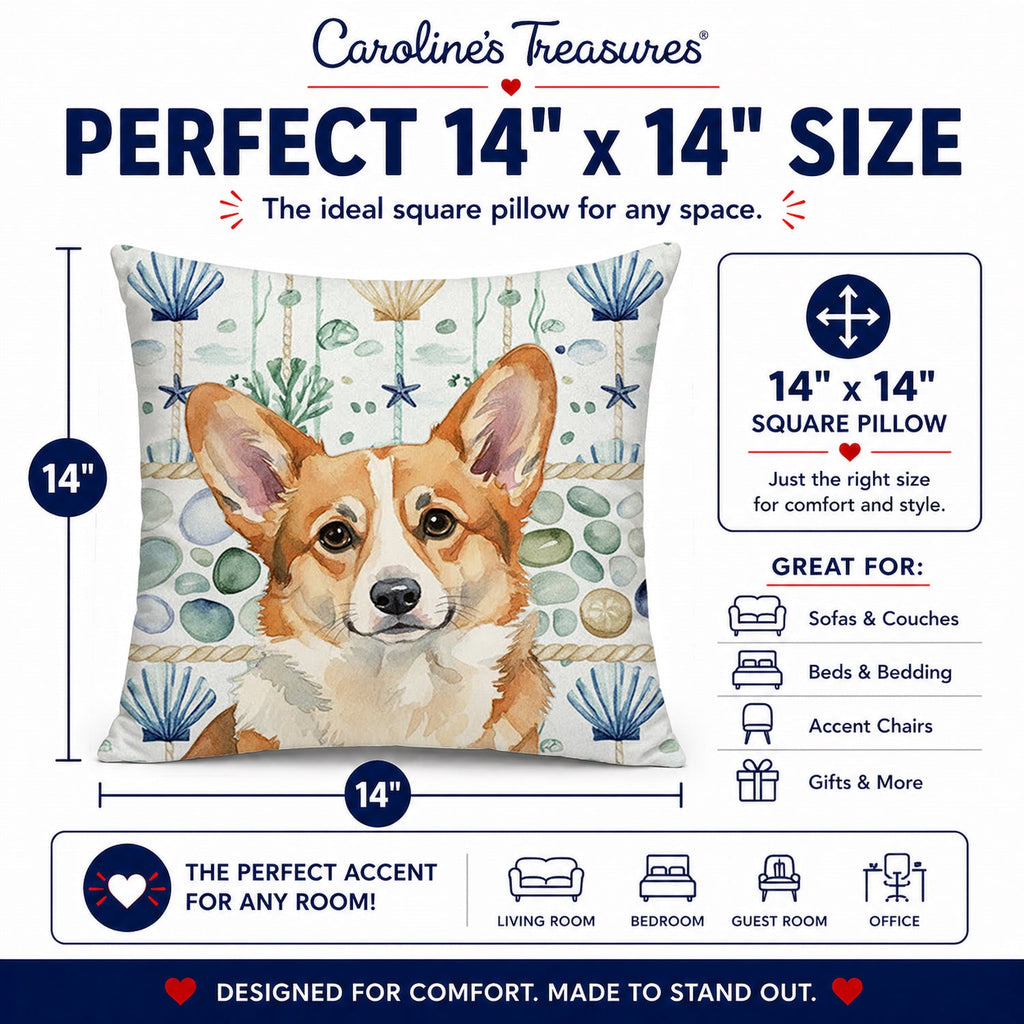Corgi Coastal Sea Glass Decorative Throw Pillow 14x14 Indoor Outdoor Accent Cushion, Fabric Cover with Insert for Sofa, Bed, Porch & Living Room