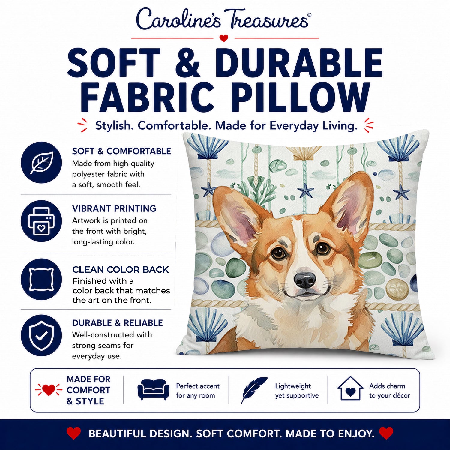 Corgi Coastal Sea Glass Decorative Throw Pillow 18x18 Indoor Outdoor Accent Cushion, Fabric Cover with Insert for Sofa, Bed, Porch & Living Room
