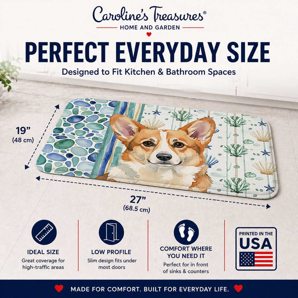 Corgi Coastal Sea Glass Memory Foam Kitchen Mat Machine Washable Anti-Fatigue Cushion Comfort Bath or Kitchen Rug