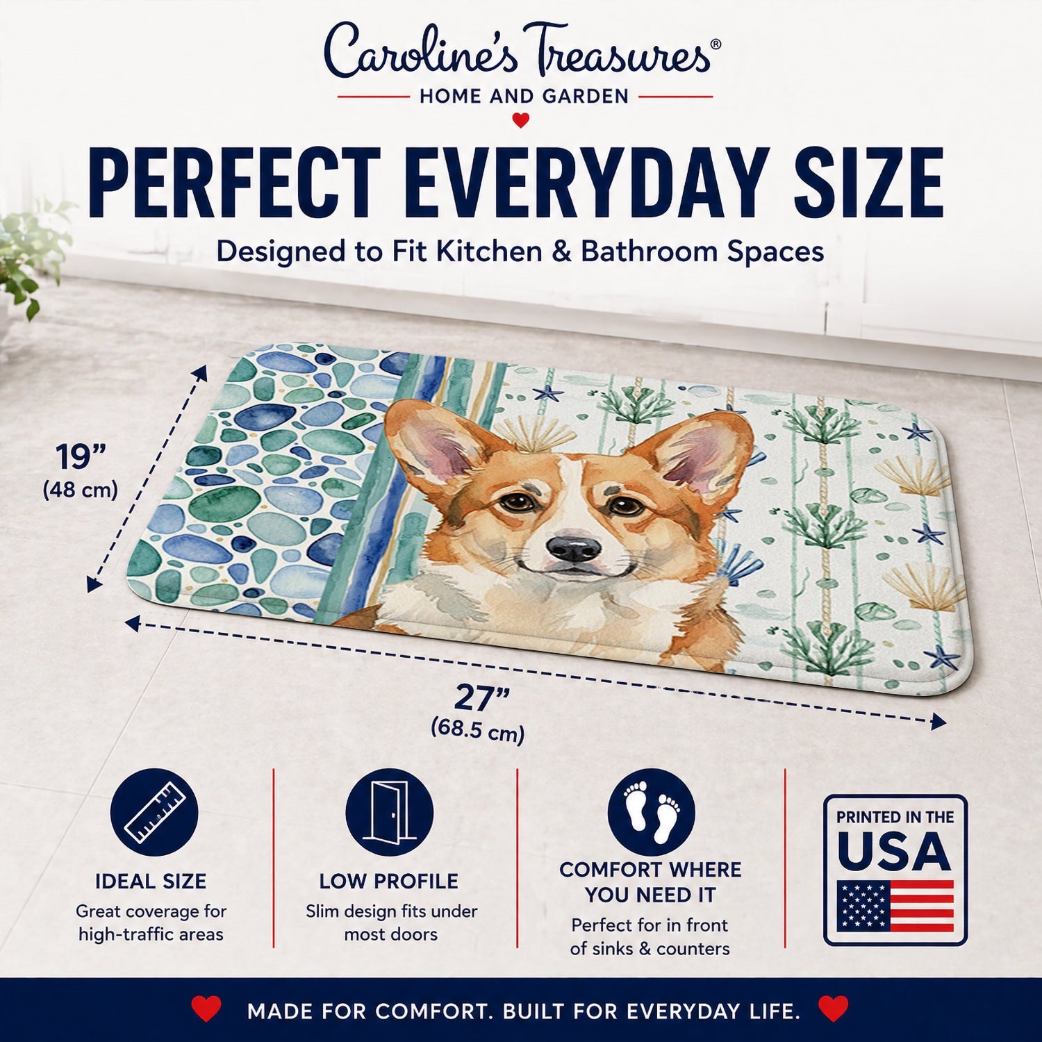 Corgi Coastal Sea Glass Memory Foam Kitchen Mat Machine Washable Anti-Fatigue Cushion Comfort Bath or Kitchen Rug
