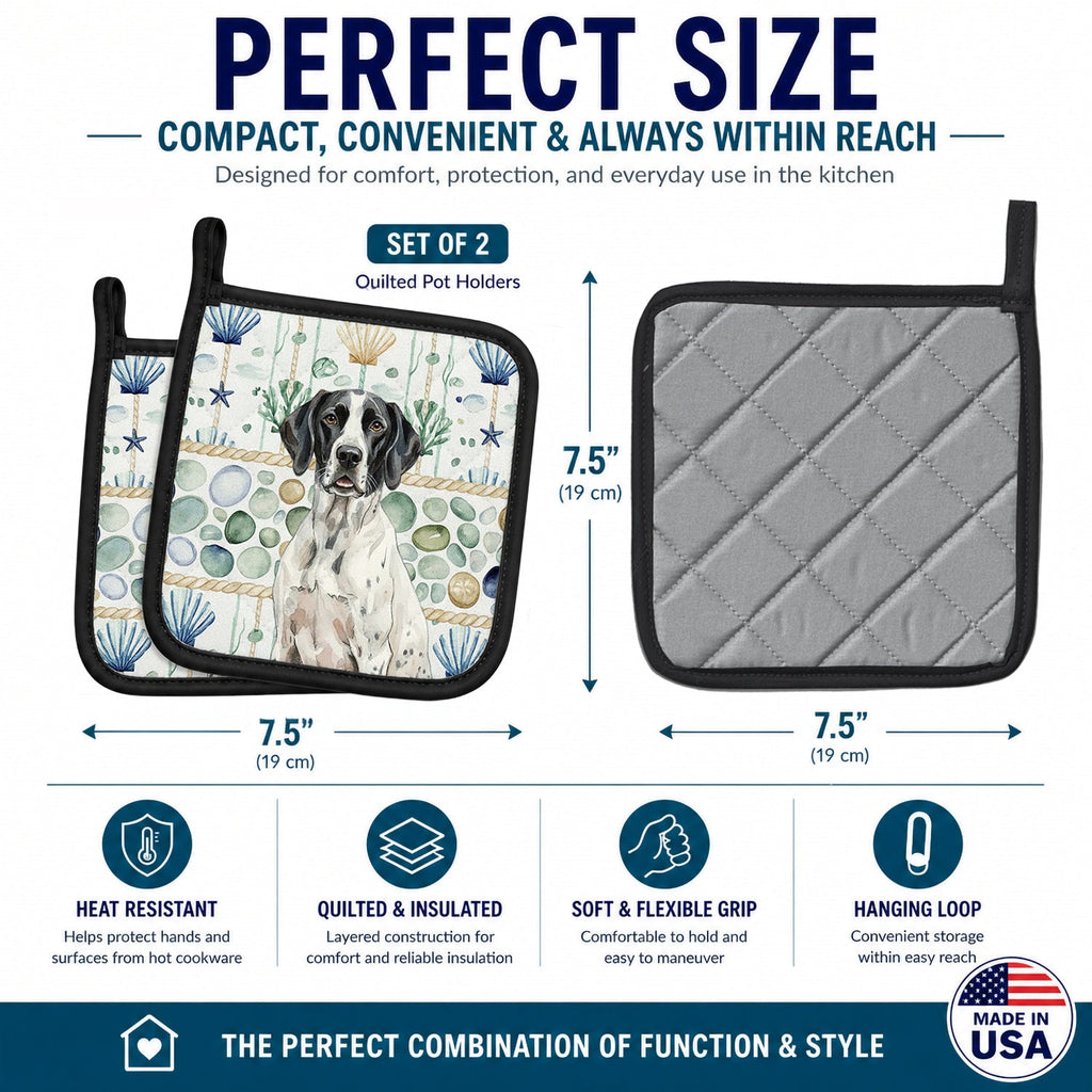 Black and White Pointer Coastal Sea Glass Pot Holder Set of 2 Heat Resistant Quilted Hot Pads 7.5 x 7.5 Inch, Insulated Kitchen Trivets for Cooking & Baking
