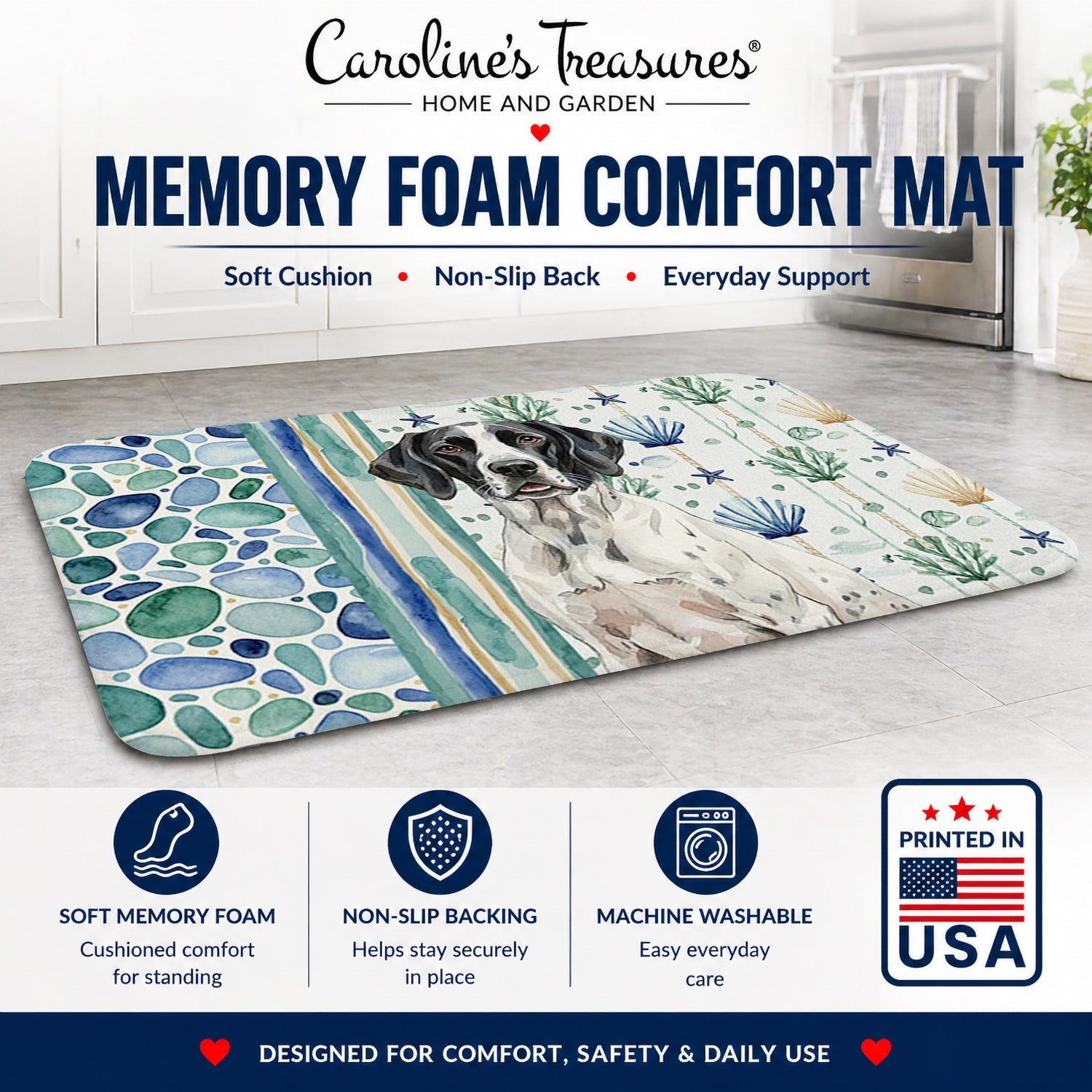 Black and White Pointer Coastal Sea Glass Memory Foam Kitchen Mat Machine Washable Anti-Fatigue Cushion Comfort Bath or Kitchen Rug