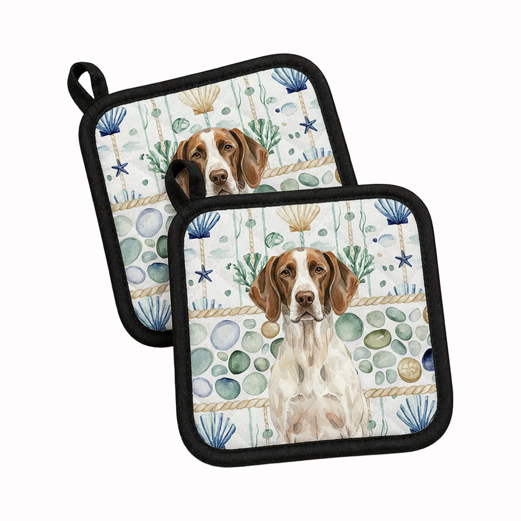 Liver and White Pointer Coastal Sea Glass Pot Holder Set of 2 Heat Resistant Quilted Hot Pads 7.5 x 7.5 Inch, Insulated Kitchen Trivets for Cooking & Baking