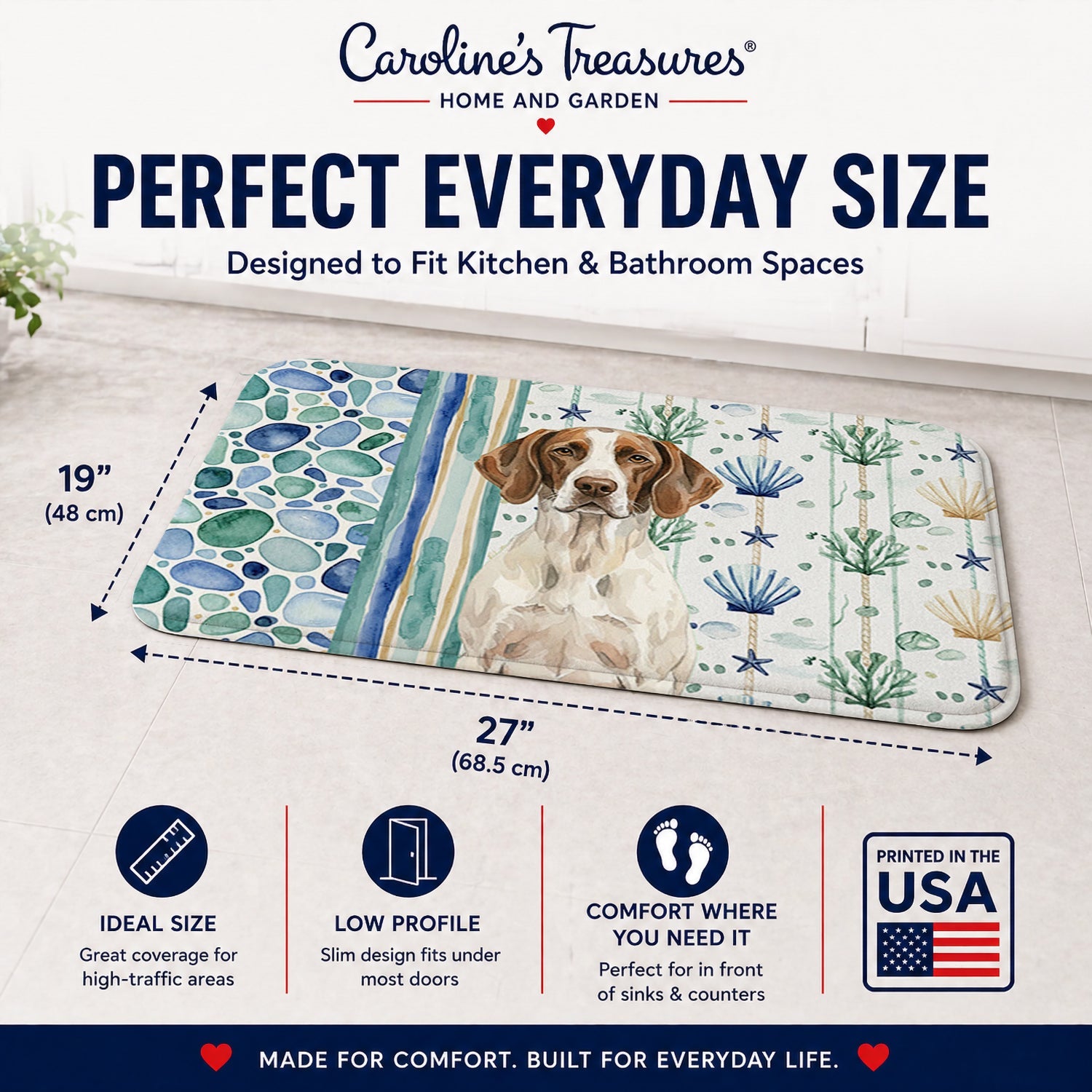 Liver and White Pointer Coastal Sea Glass Memory Foam Kitchen Mat Machine Washable Anti-Fatigue Cushion Comfort Bath or Kitchen Rug