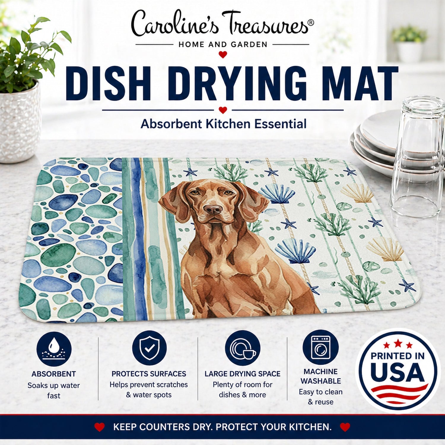 Liver Pointer Coastal Sea Glass Dish Drying Mat Absorbent Dish Drying Mat Pad for Kitchen Counter Dish Drainer Mat for Countertop, 14 x 21", Multicolor