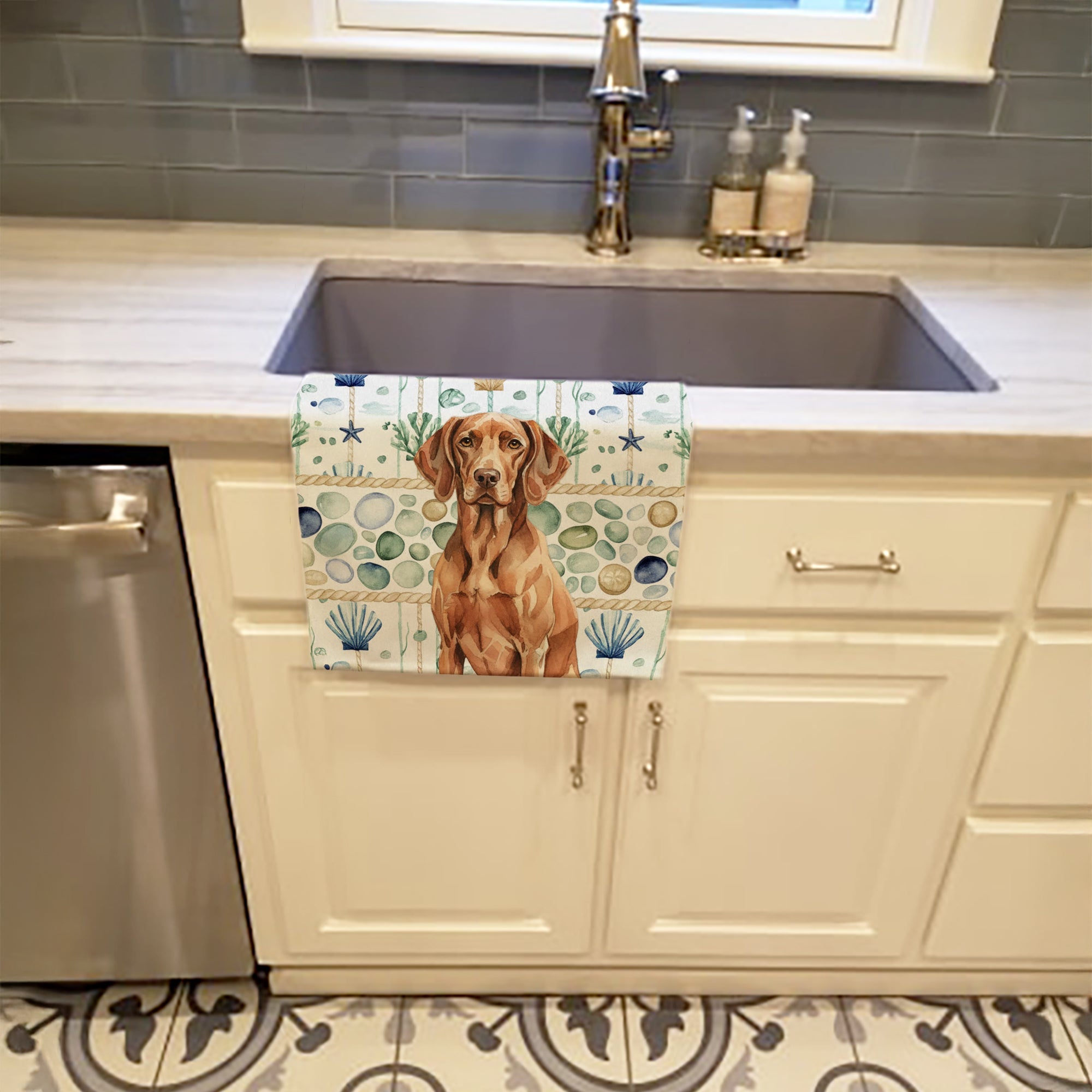 Liver Pointer Coastal Sea Glass Kitchen Towel Velour Plush Front and Cotton Loop Back Machine Washable
