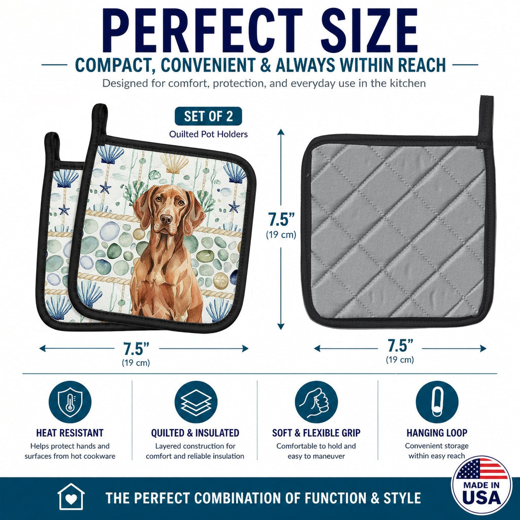 Liver Pointer Coastal Sea Glass Pot Holder Set of 2 Heat Resistant Quilted Hot Pads 7.5 x 7.5 Inch, Insulated Kitchen Trivets for Cooking & Baking