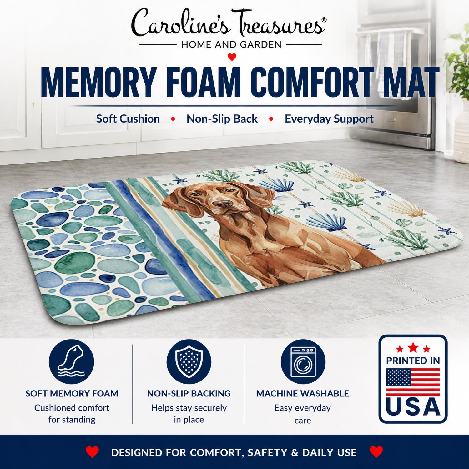 Liver Pointer Coastal Sea Glass Memory Foam Kitchen Mat Machine Washable Anti-Fatigue Cushion Comfort Bath or Kitchen Rug