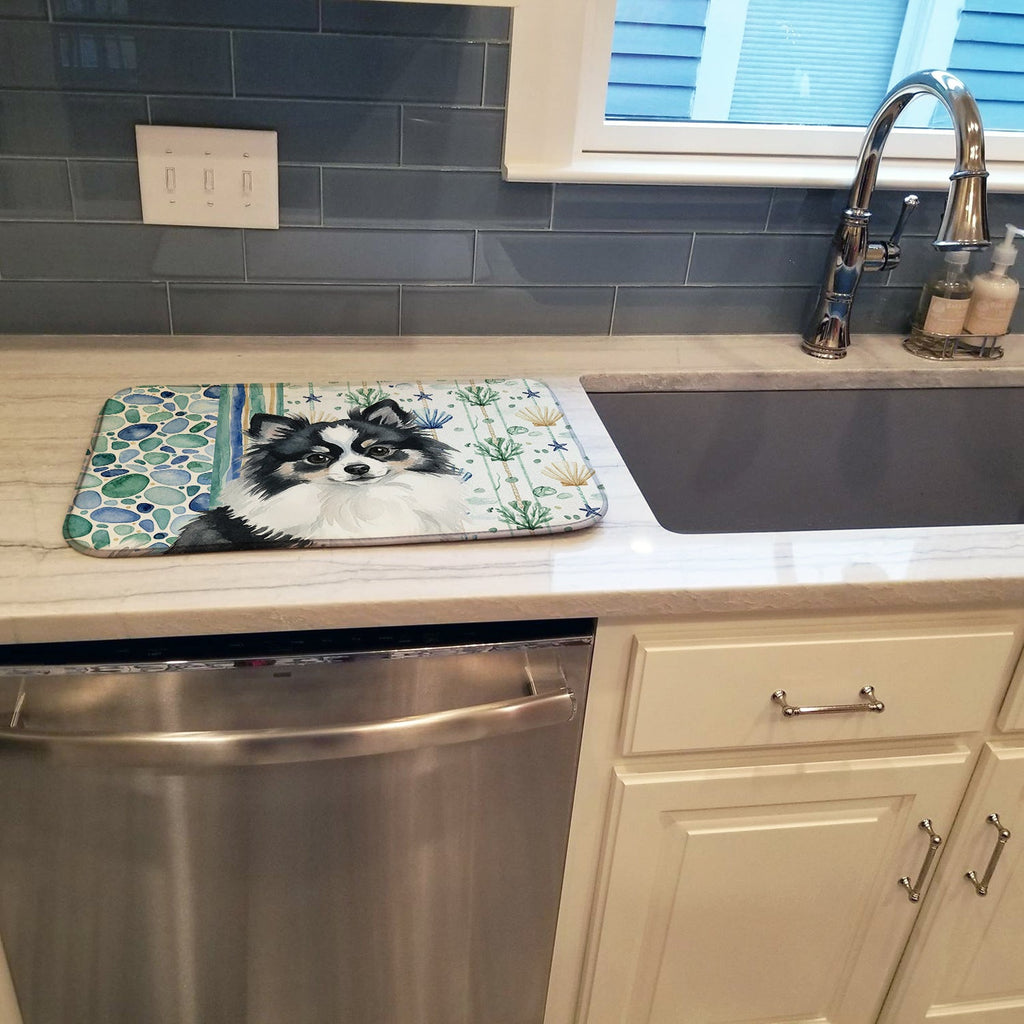 Black and White Pomeranian Coastal Sea Glass Dish Drying Mat Absorbent Dish Drying Mat Pad for Kitchen Counter Dish Drainer Mat for Countertop, 14 x 21", Multicolor