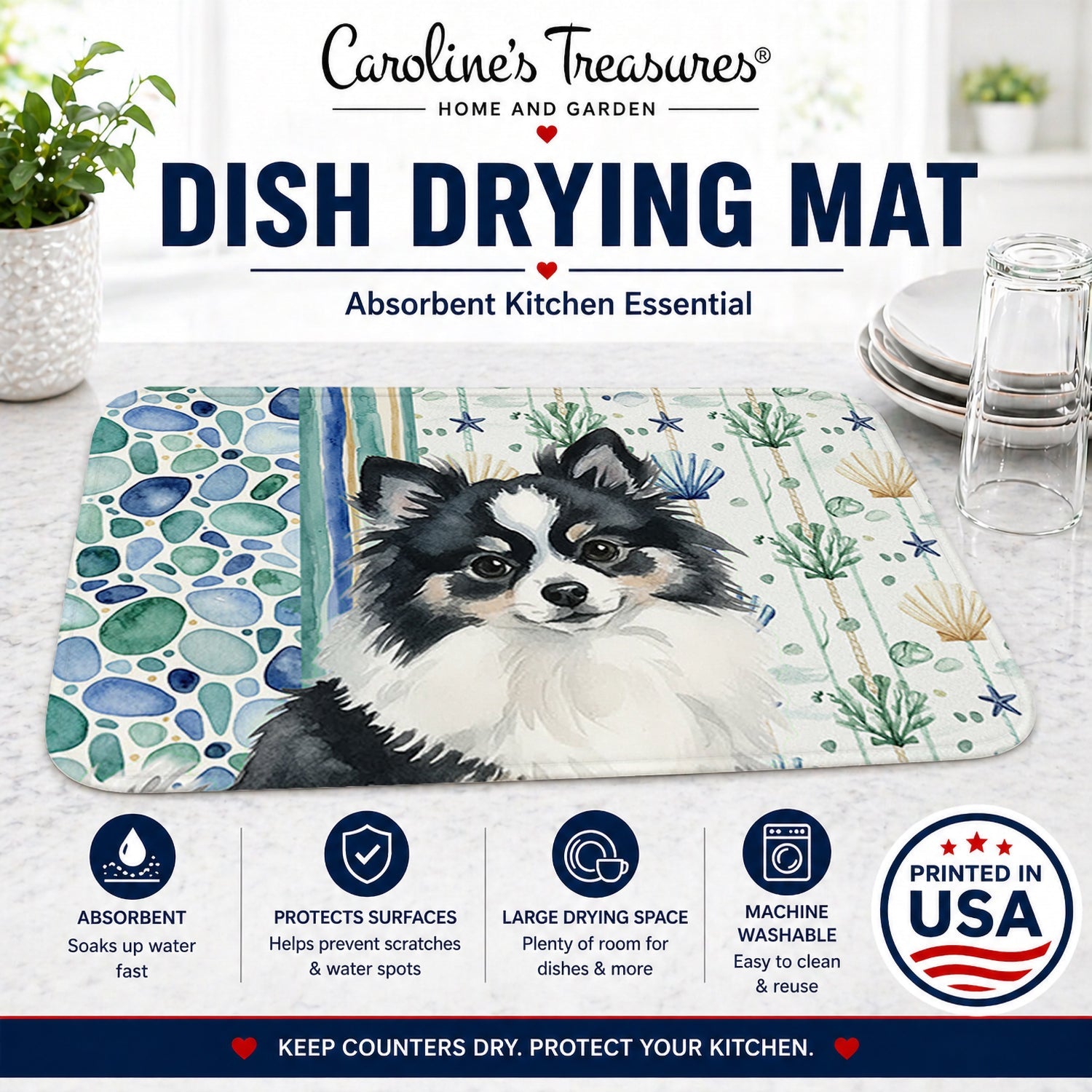 Black and White Pomeranian Coastal Sea Glass Dish Drying Mat Absorbent Dish Drying Mat Pad for Kitchen Counter Dish Drainer Mat for Countertop, 14 x 21", Multicolor
