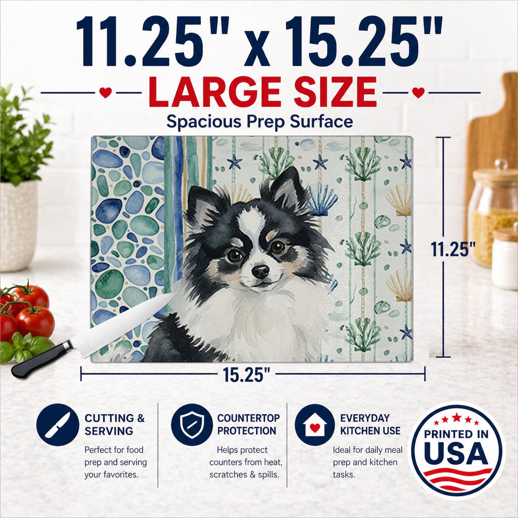 Black and White Pomeranian Coastal Sea Glass Cutting Board Tempered Glass Kitchen Cutting Surface, Heat Resistant Chopping, Non-Slip Feet, Food Prep & Serving