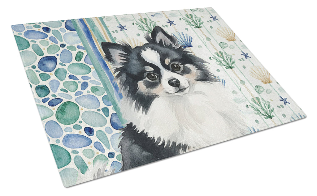 Black and White Pomeranian Coastal Sea Glass Cutting Board Tempered Glass Kitchen Cutting Surface, Heat Resistant Chopping, Non-Slip Feet, Food Prep & Serving
