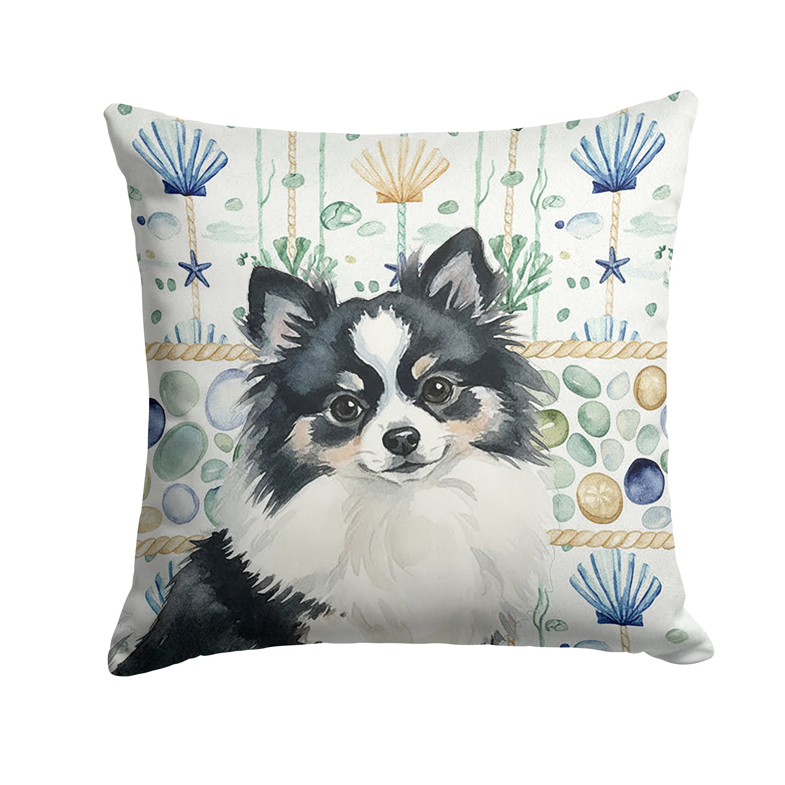 Black and White Pomeranian Coastal Sea Glass Decorative Throw Pillow 14x14 Indoor Outdoor Accent Cushion, Fabric Cover with Insert for Sofa, Bed, Porch & Living Room