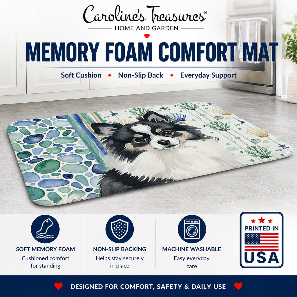 Black and White Pomeranian Coastal Sea Glass Memory Foam Kitchen Mat Machine Washable Anti-Fatigue Cushion Comfort Bath or Kitchen Rug