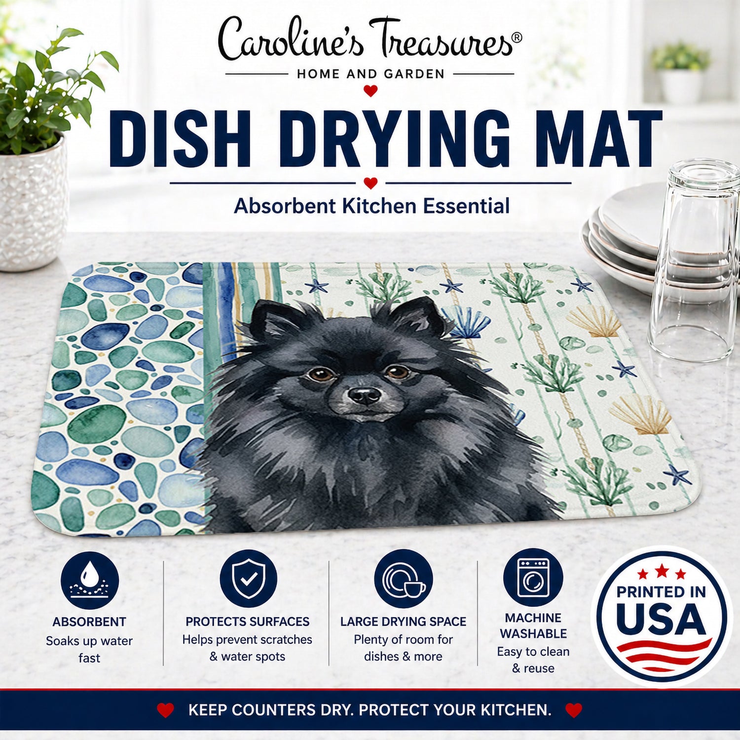 Black Pomeranian Coastal Sea Glass Dish Drying Mat Absorbent Dish Drying Mat Pad for Kitchen Counter Dish Drainer Mat for Countertop, 14 x 21", Multicolor