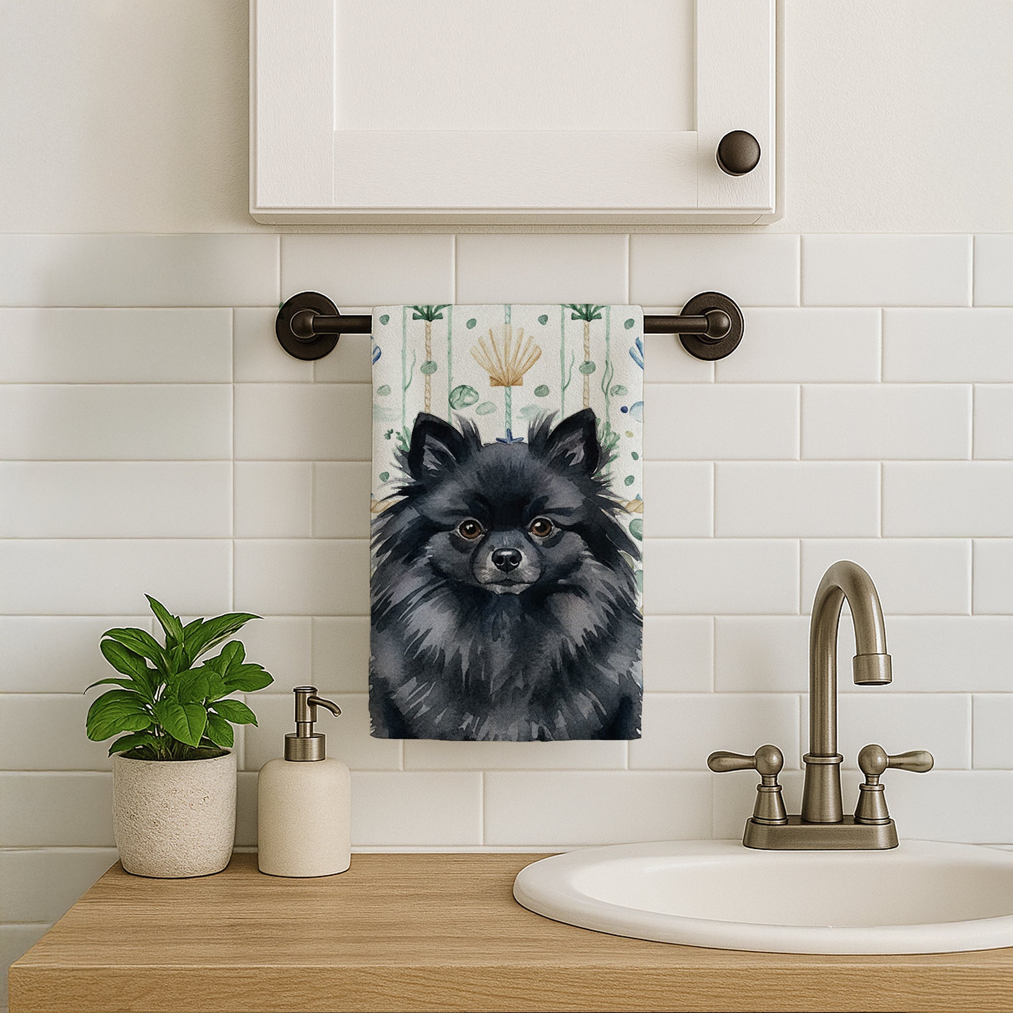Black Pomeranian Coastal Sea Glass Kitchen Towel Velour Plush Front and Cotton Loop Back Machine Washable