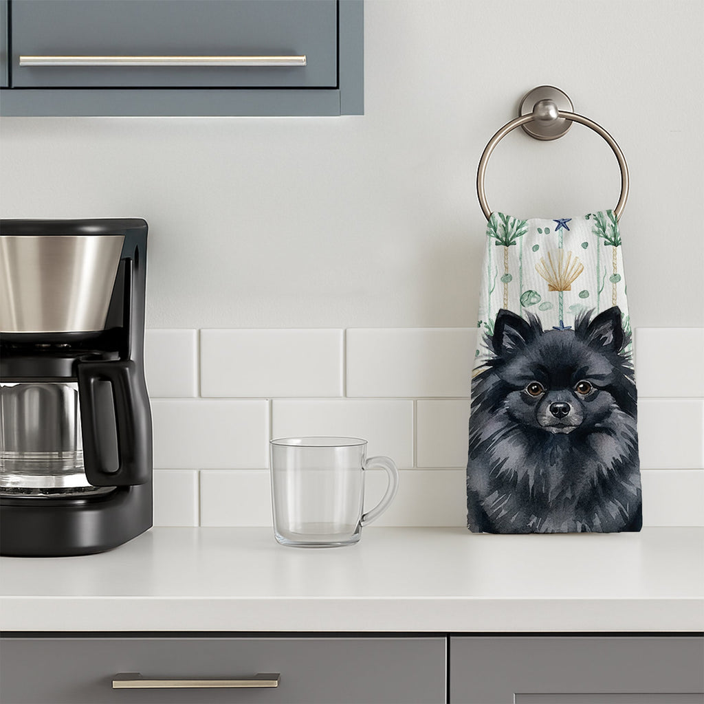 Black Pomeranian Coastal Sea Glass Kitchen Towel Velour Plush Front and Cotton Loop Back Machine Washable