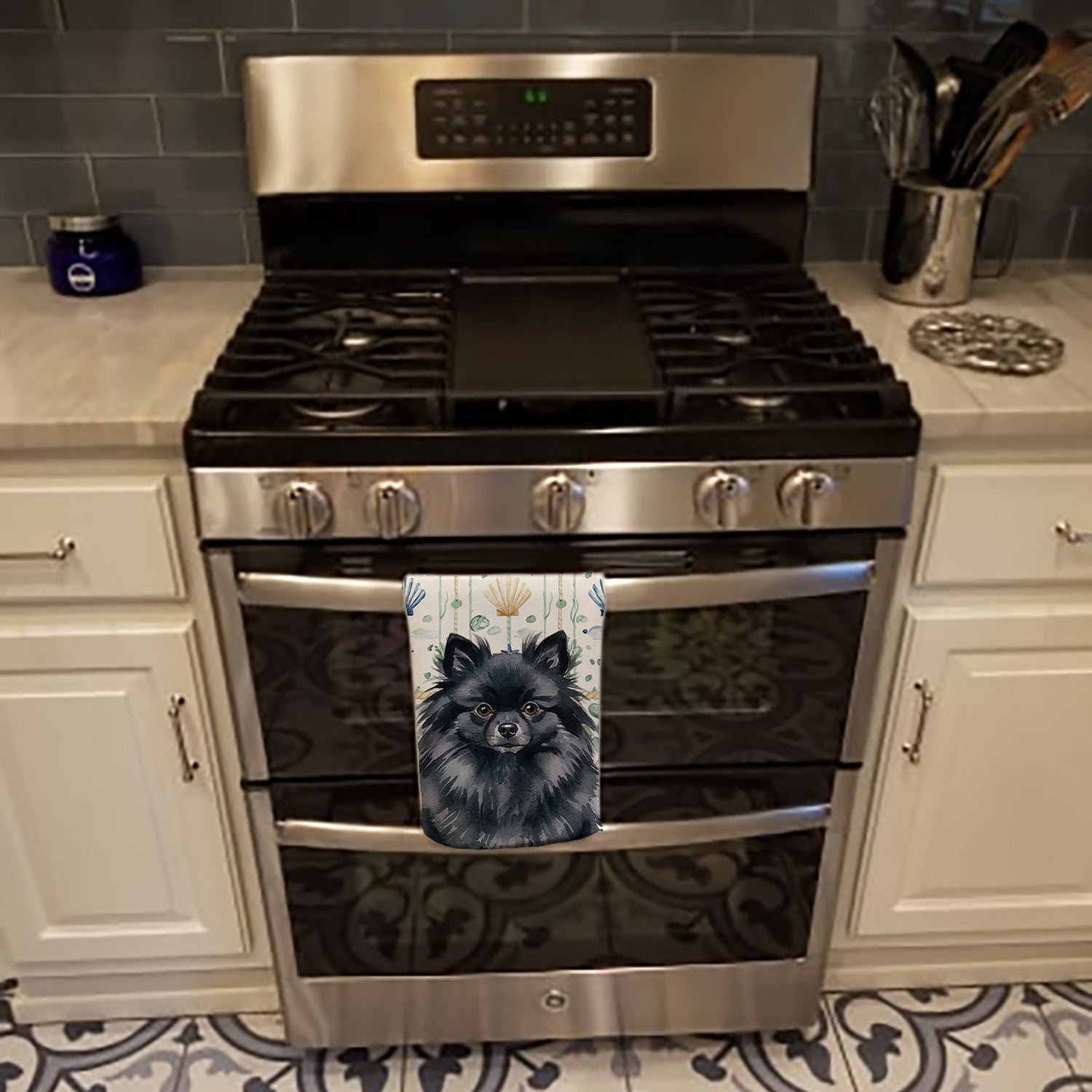 Black Pomeranian Coastal Sea Glass Kitchen Towel Velour Plush Front and Cotton Loop Back Machine Washable