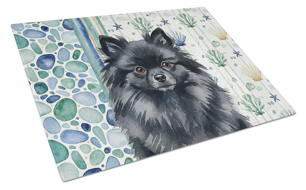 Black Pomeranian Coastal Sea Glass Cutting Board Tempered Glass Kitchen Cutting Surface, Heat Resistant Chopping, Non-Slip Feet, Food Prep & Serving