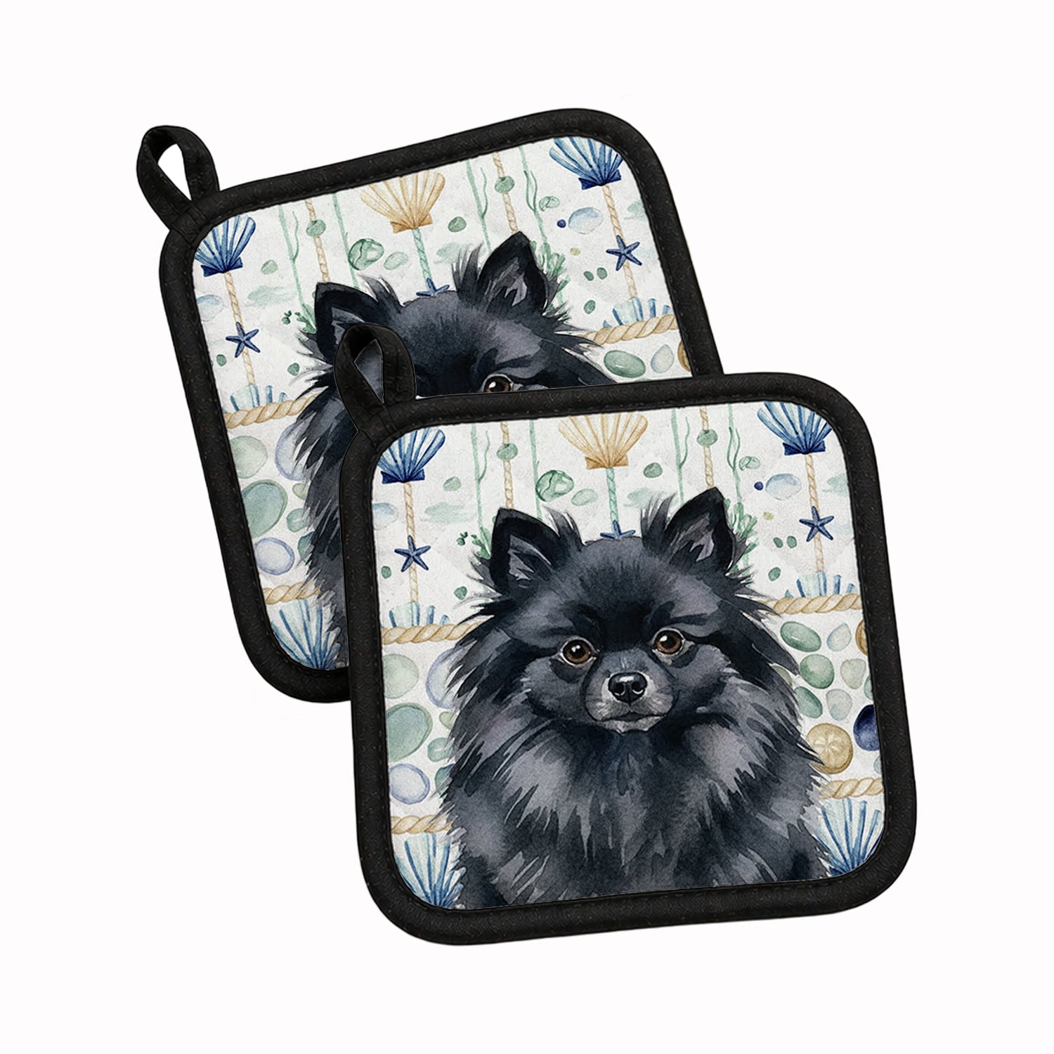 Black Pomeranian Coastal Sea Glass Pot Holder Set of 2 Heat Resistant Quilted Hot Pads 7.5 x 7.5 Inch, Insulated Kitchen Trivets for Cooking & Baking