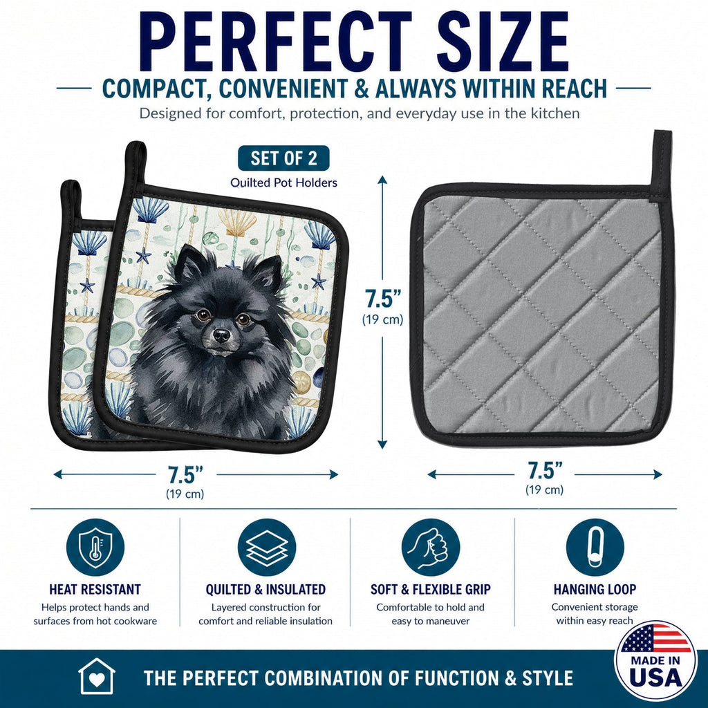 Black Pomeranian Coastal Sea Glass Pot Holder Set of 2 Heat Resistant Quilted Hot Pads 7.5 x 7.5 Inch, Insulated Kitchen Trivets for Cooking & Baking