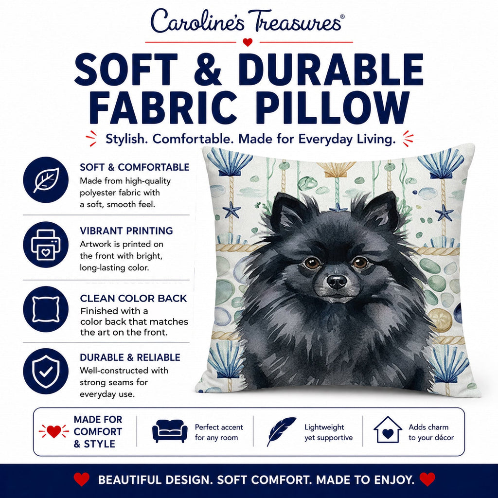 Black Pomeranian Coastal Sea Glass Decorative Throw Pillow 18x18 Indoor Outdoor Accent Cushion, Fabric Cover with Insert for Sofa, Bed, Porch & Living Room