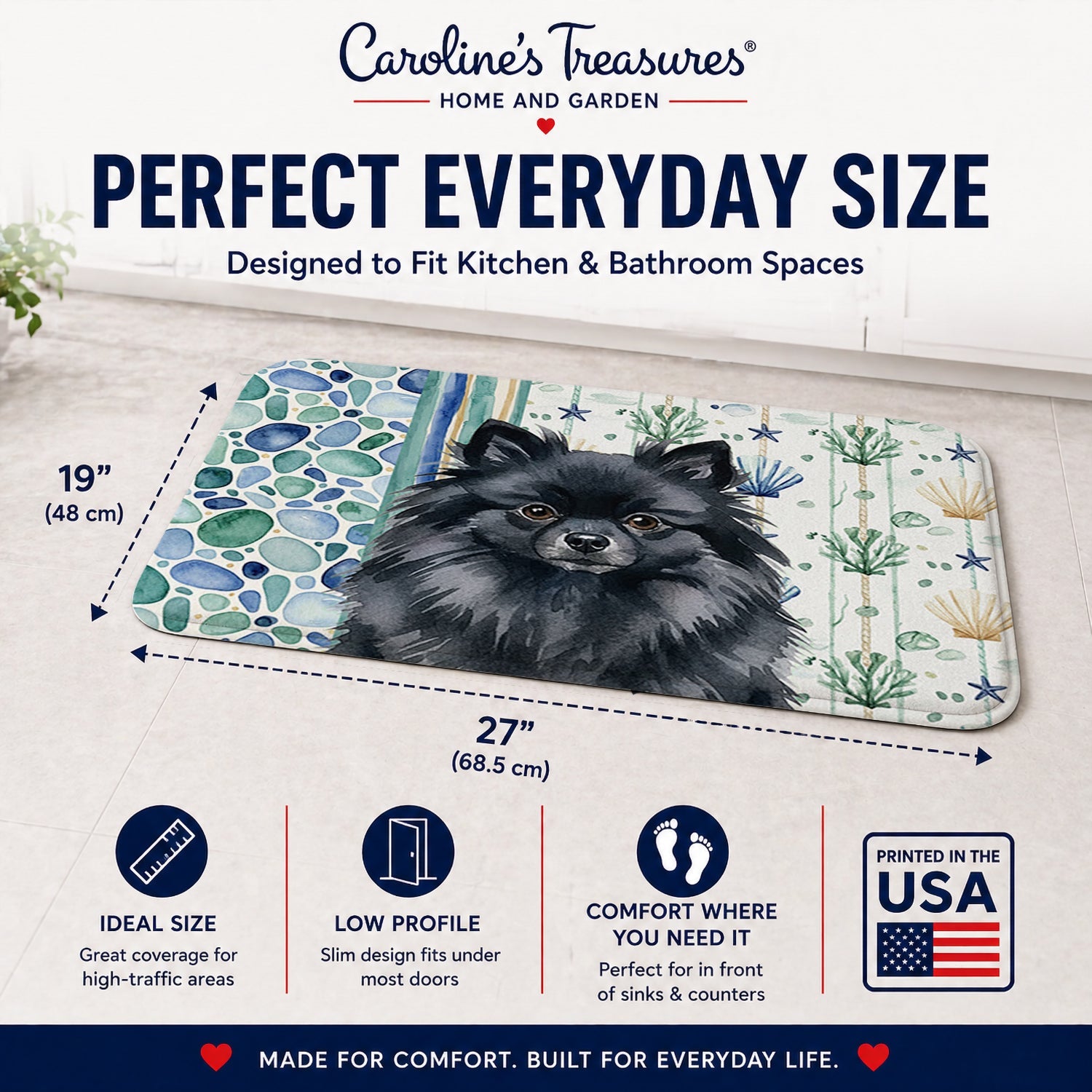 Black Pomeranian Coastal Sea Glass Memory Foam Kitchen Mat Machine Washable Anti-Fatigue Cushion Comfort Bath or Kitchen Rug