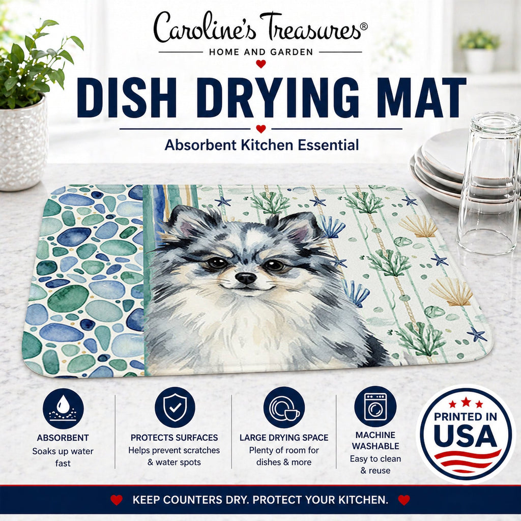 Blue Merle Pomeranian Coastal Sea Glass Dish Drying Mat Absorbent Dish Drying Mat Pad for Kitchen Counter Dish Drainer Mat for Countertop, 14 x 21", Multicolor