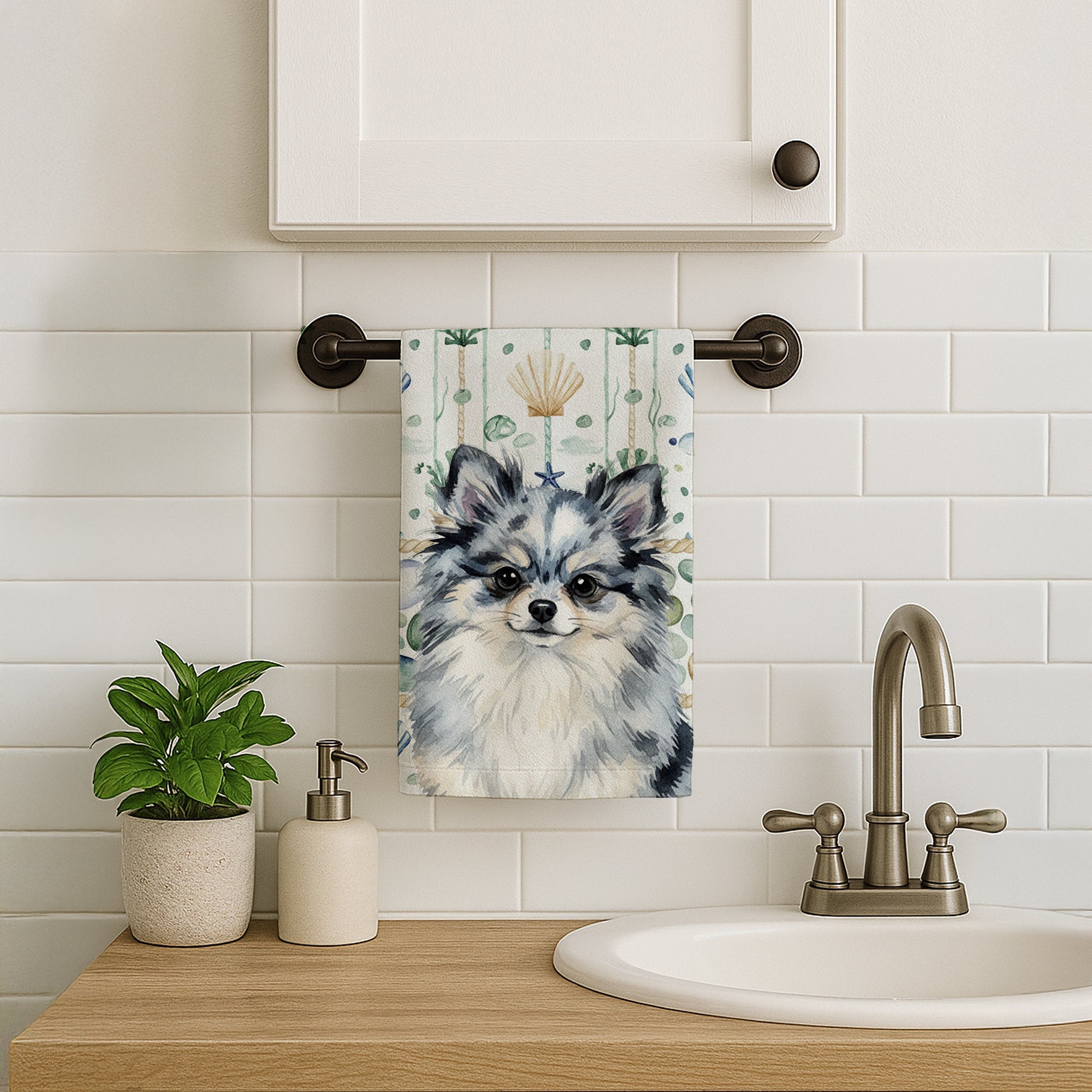 Blue Merle Pomeranian Coastal Sea Glass Kitchen Towel Velour Plush Front and Cotton Loop Back Machine Washable