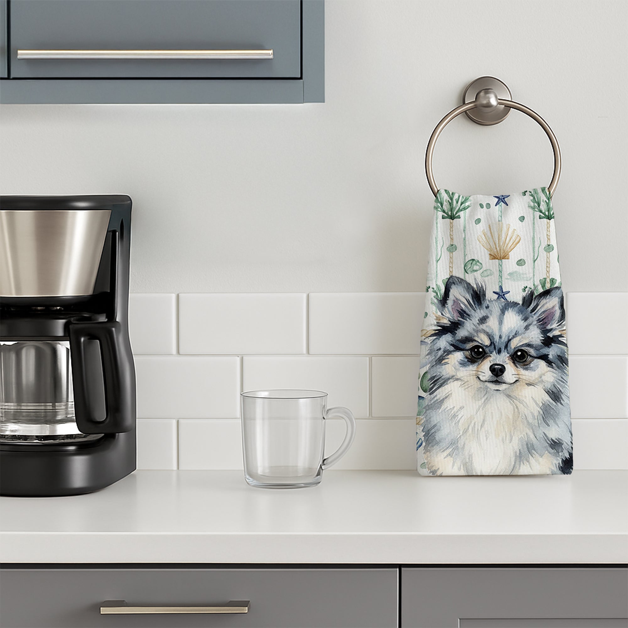 Blue Merle Pomeranian Coastal Sea Glass Kitchen Towel Velour Plush Front and Cotton Loop Back Machine Washable