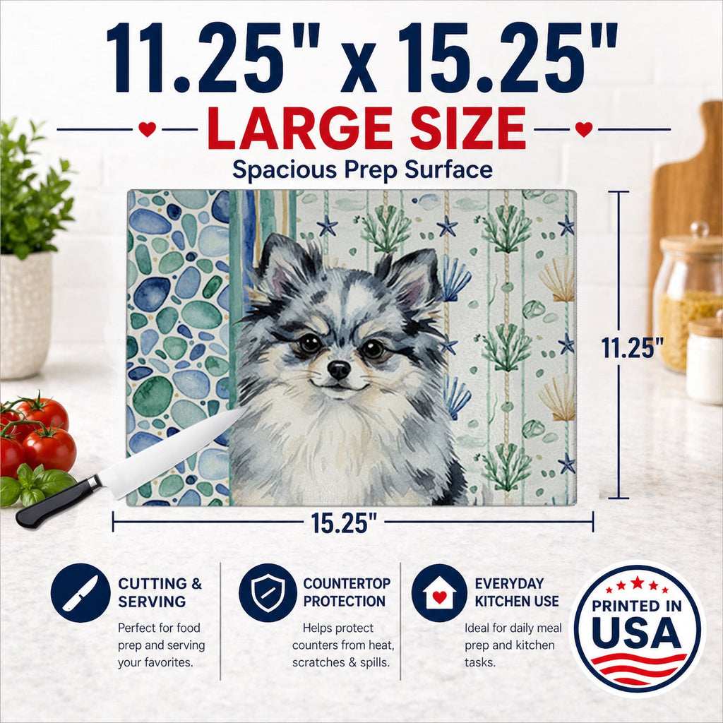 Blue Merle Pomeranian Coastal Sea Glass Cutting Board Tempered Glass Kitchen Cutting Surface, Heat Resistant Chopping, Non-Slip Feet, Food Prep & Serving