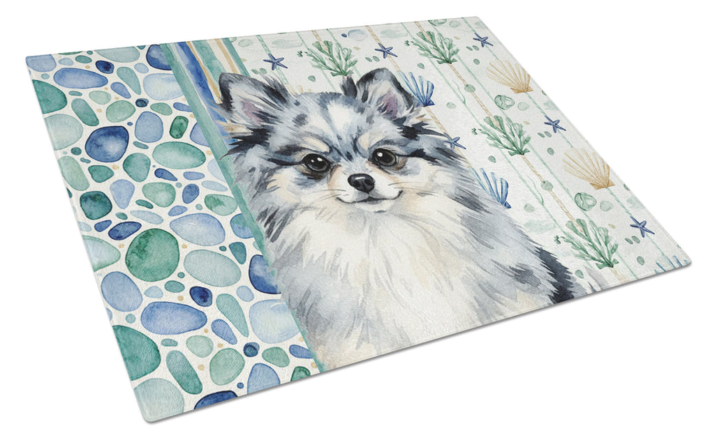 Blue Merle Pomeranian Coastal Sea Glass Cutting Board Tempered Glass Kitchen Cutting Surface, Heat Resistant Chopping, Non-Slip Feet, Food Prep & Serving