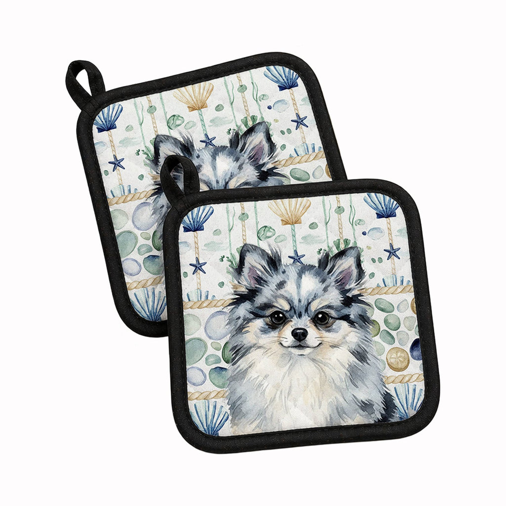 Blue Merle Pomeranian Coastal Sea Glass Pot Holder Set of 2 Heat Resistant Quilted Hot Pads 7.5 x 7.5 Inch, Insulated Kitchen Trivets for Cooking & Baking