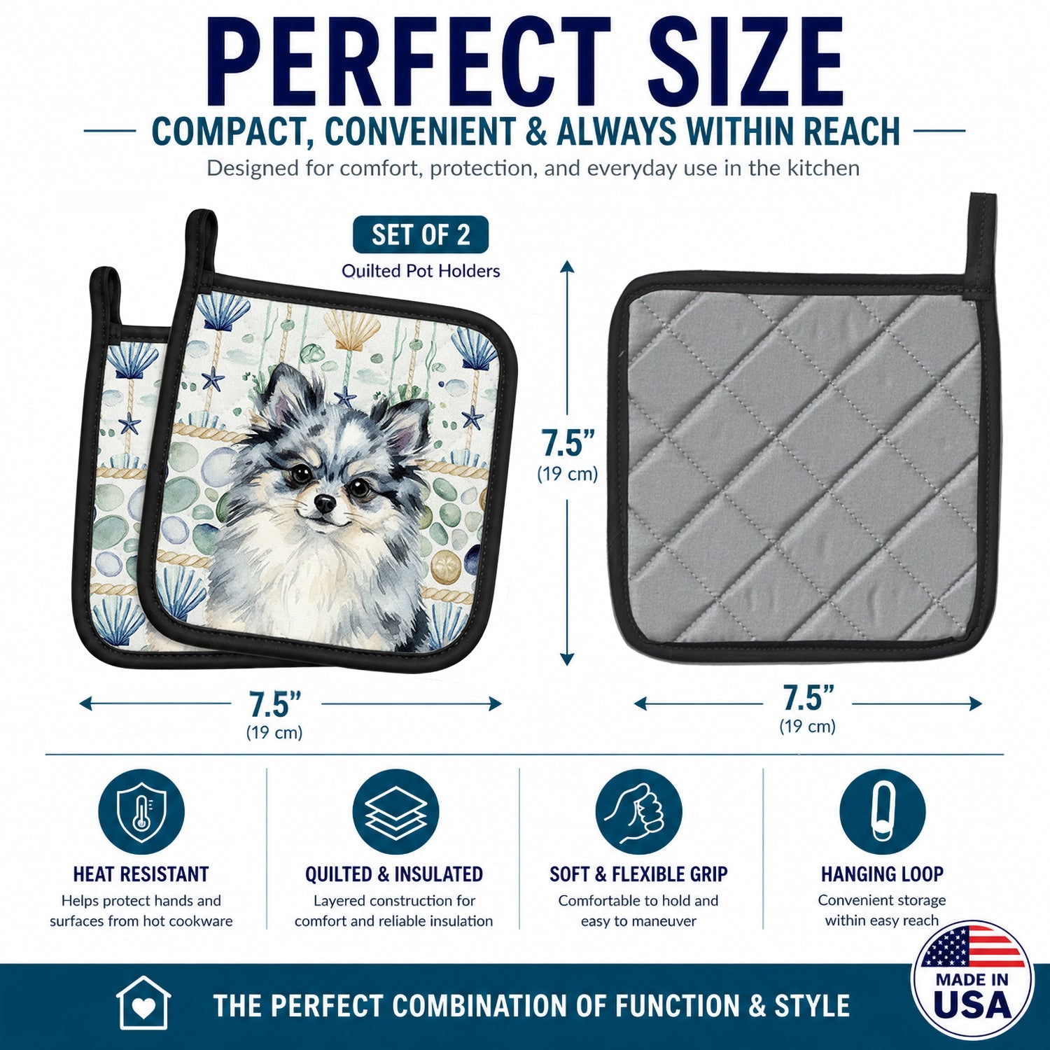 Blue Merle Pomeranian Coastal Sea Glass Pot Holder Set of 2 Heat Resistant Quilted Hot Pads 7.5 x 7.5 Inch, Insulated Kitchen Trivets for Cooking & Baking