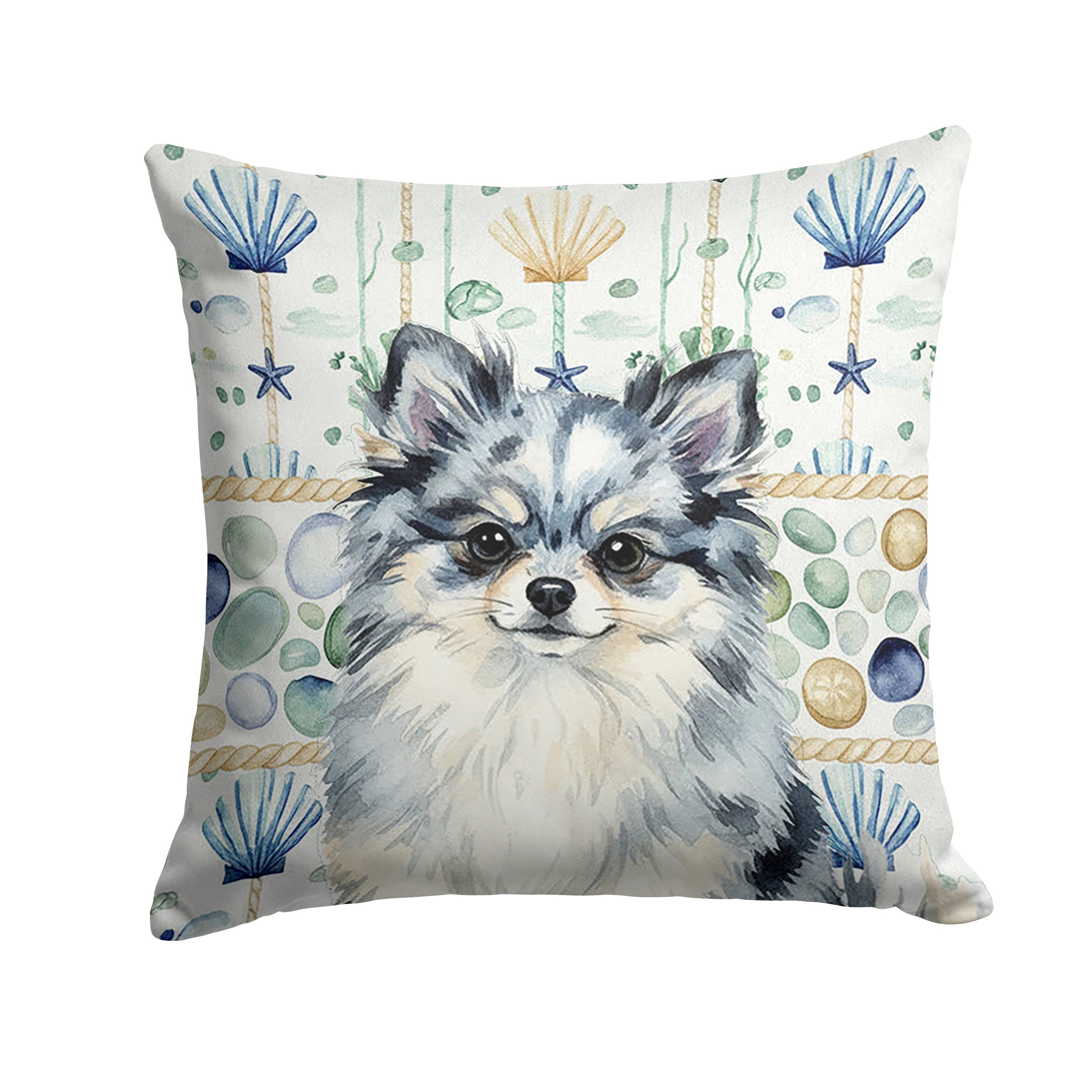 Blue Merle Pomeranian Coastal Sea Glass Decorative Throw Pillow 14x14 Indoor Outdoor Accent Cushion, Fabric Cover with Insert for Sofa, Bed, Porch & Living Room