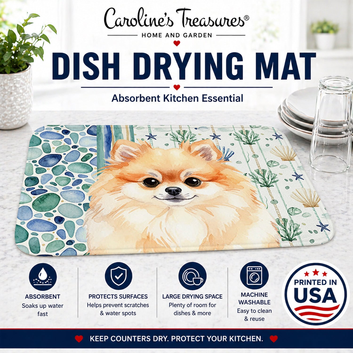 Pomeranian Coastal Sea Glass Dish Drying Mat Absorbent Dish Drying Mat Pad for Kitchen Counter Dish Drainer Mat for Countertop, 14 x 21", Multicolor