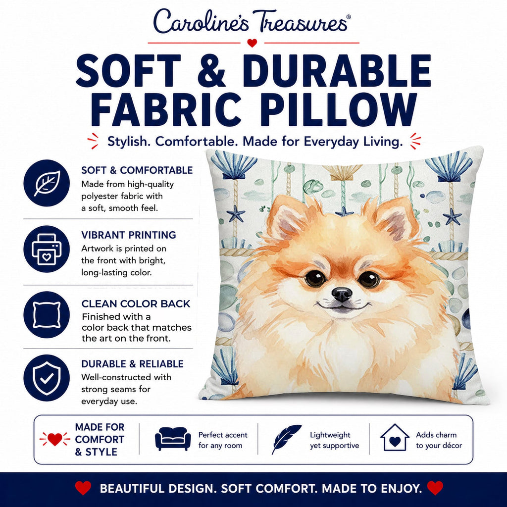 Pomeranian Coastal Sea Glass Decorative Throw Pillow 14x14 Indoor Outdoor Accent Cushion, Fabric Cover with Insert for Sofa, Bed, Porch & Living Room