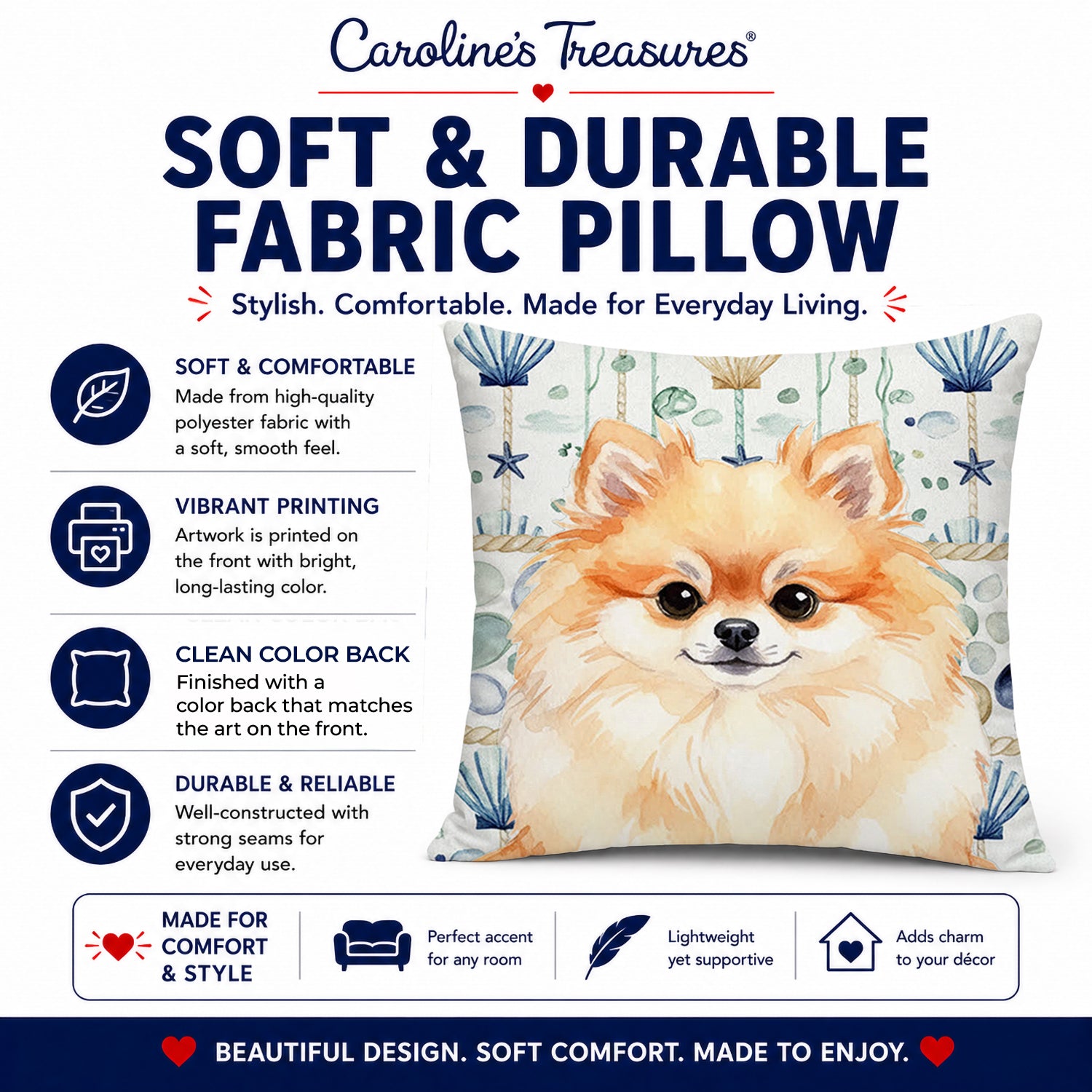 Pomeranian Coastal Sea Glass Decorative Throw Pillow 18x18 Indoor Outdoor Accent Cushion, Fabric Cover with Insert for Sofa, Bed, Porch & Living Room