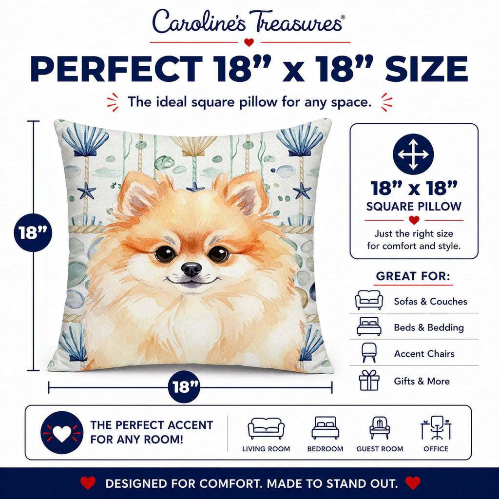 Pomeranian Coastal Sea Glass Decorative Throw Pillow 18x18 Indoor Outdoor Accent Cushion, Fabric Cover with Insert for Sofa, Bed, Porch & Living Room