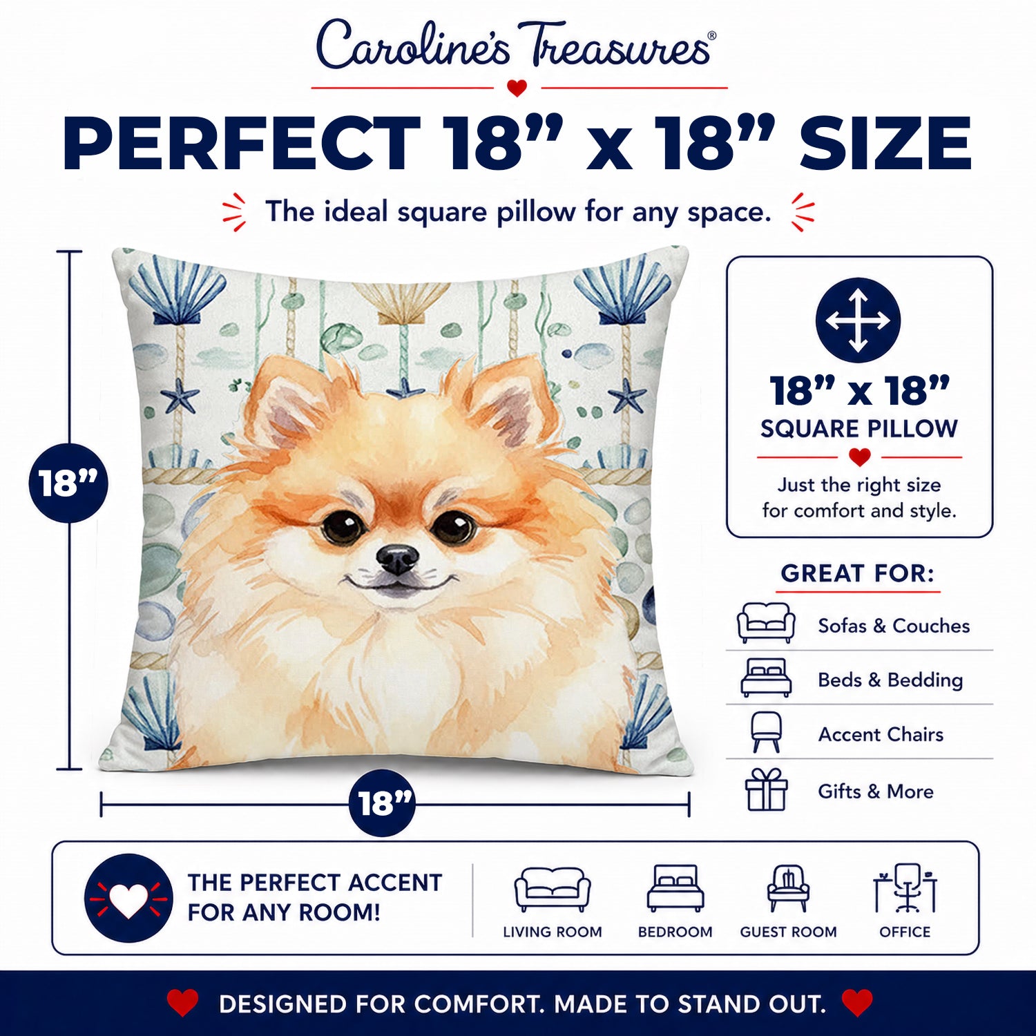 Pomeranian Coastal Sea Glass Decorative Throw Pillow 18x18 Indoor Outdoor Accent Cushion, Fabric Cover with Insert for Sofa, Bed, Porch & Living Room