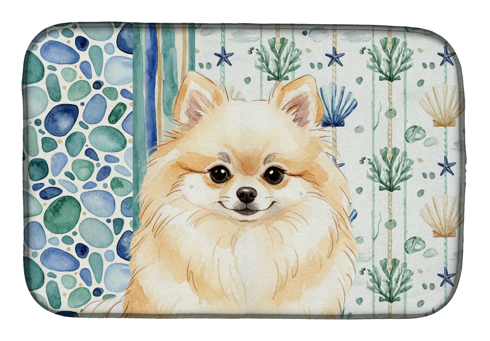 Cream Pomeranian Coastal Sea Glass Dish Drying Mat Absorbent Dish Drying Mat Pad for Kitchen Counter Dish Drainer Mat for Countertop, 14 x 21", Multicolor