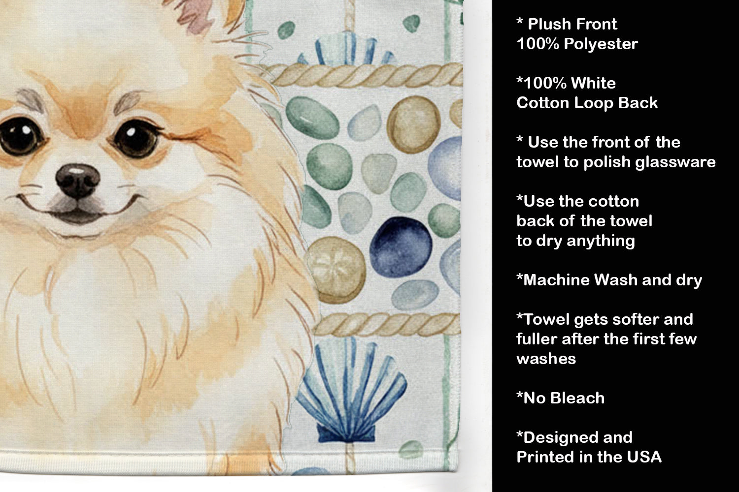 Cream Pomeranian Coastal Sea Glass Kitchen Towel Velour Plush Front and Cotton Loop Back Machine Washable