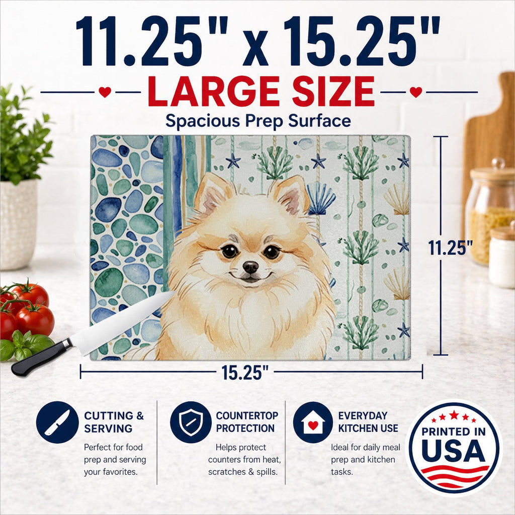 Cream Pomeranian Coastal Sea Glass Cutting Board Tempered Glass Kitchen Cutting Surface, Heat Resistant Chopping, Non-Slip Feet, Food Prep & Serving