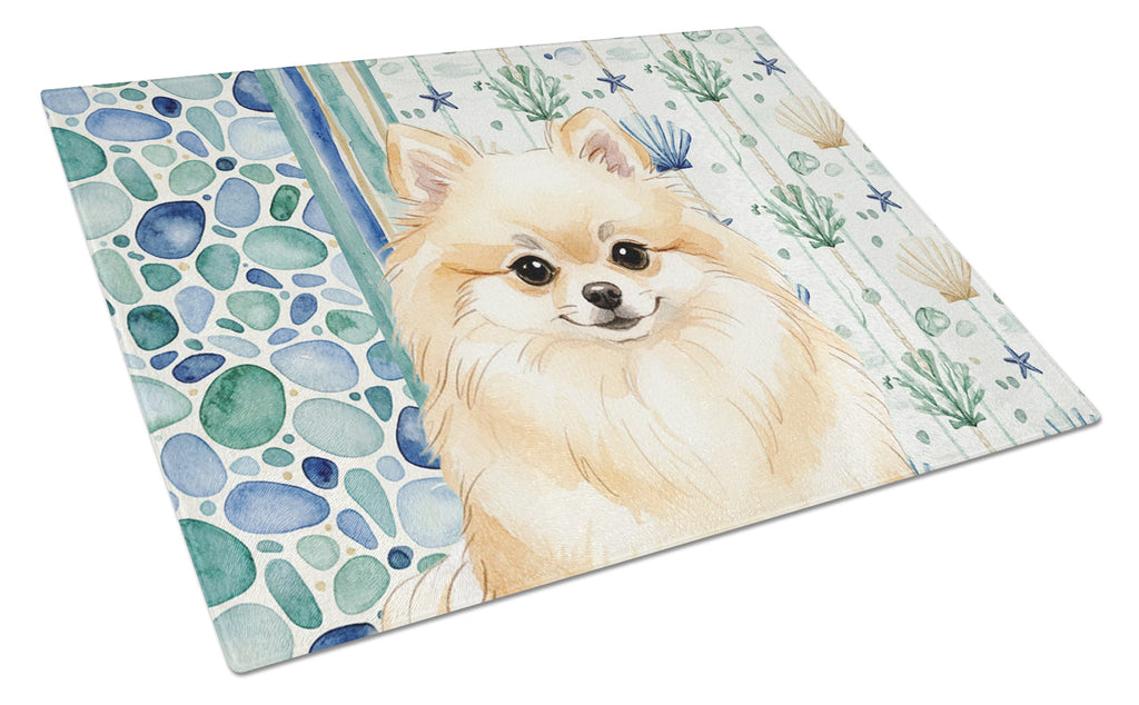 Cream Pomeranian Coastal Sea Glass Cutting Board Tempered Glass Kitchen Cutting Surface, Heat Resistant Chopping, Non-Slip Feet, Food Prep & Serving