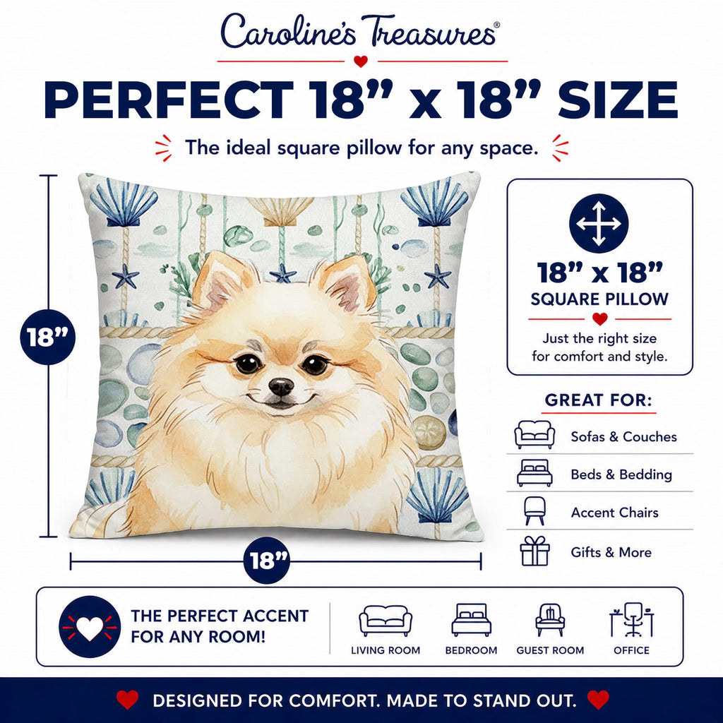 Cream Pomeranian Coastal Sea Glass Decorative Throw Pillow 18x18 Indoor Outdoor Accent Cushion, Fabric Cover with Insert for Sofa, Bed, Porch & Living Room