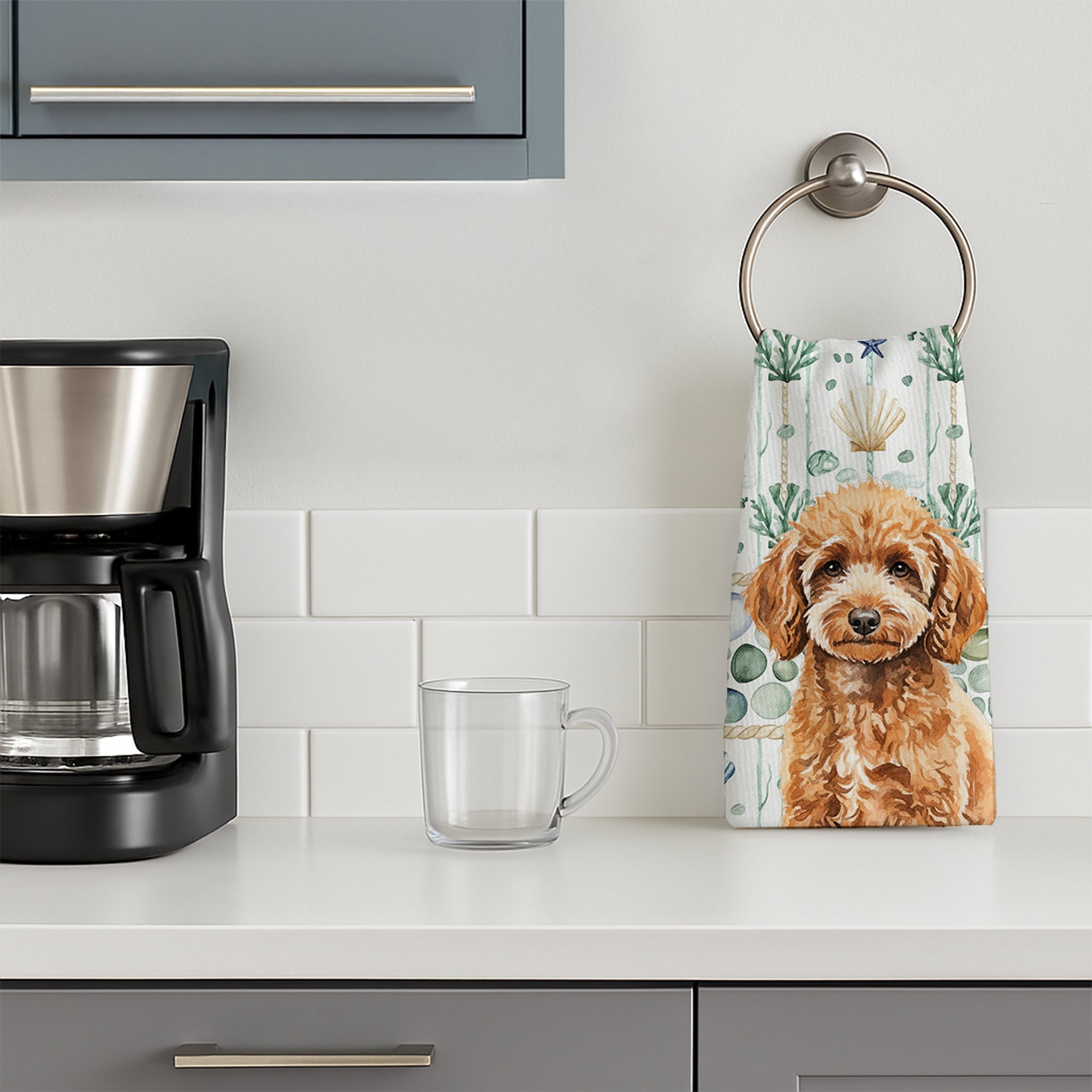 Miniature Apricot Poodle Coastal Sea Glass Kitchen Towel Velour Plush Front and Cotton Loop Back Machine Washable