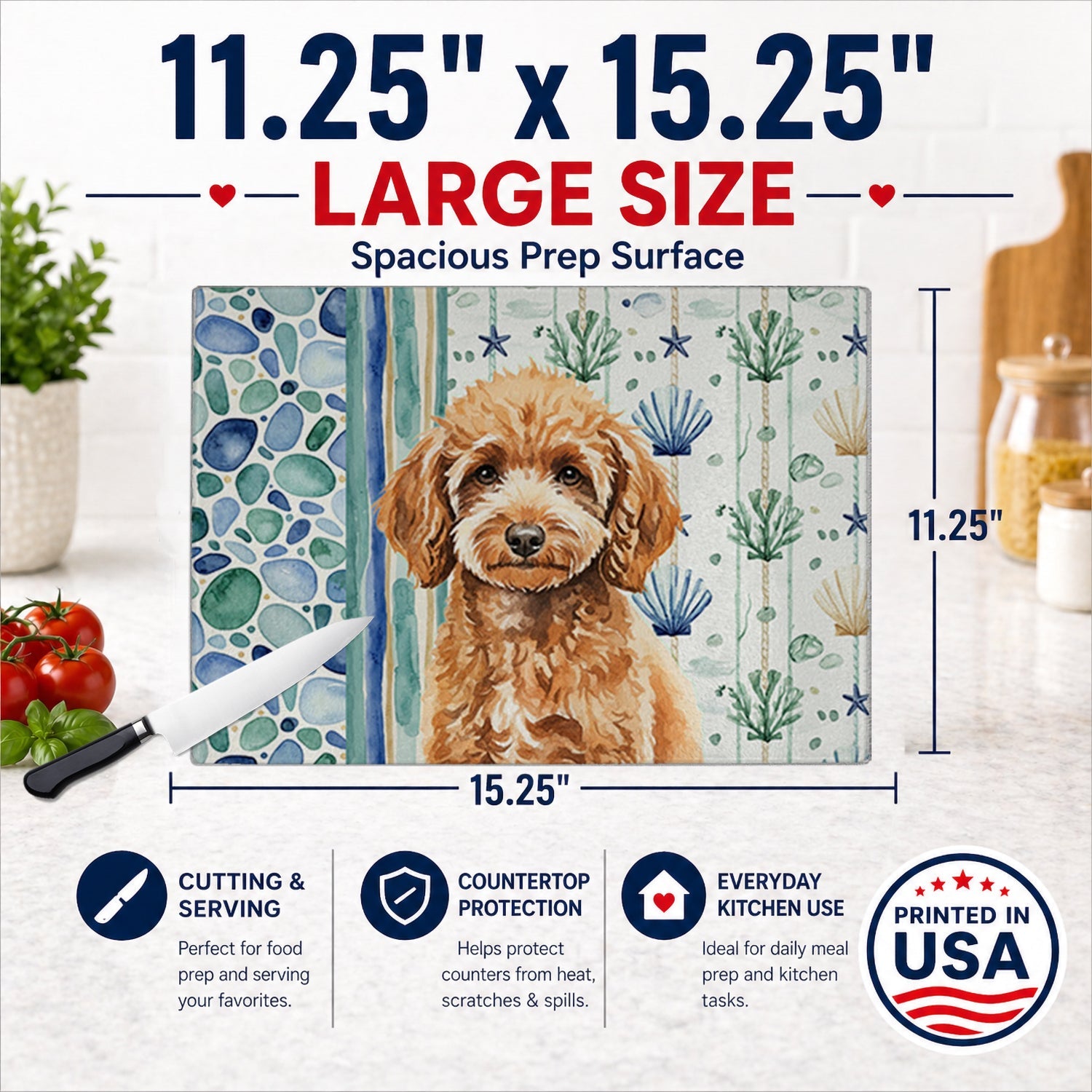 Miniature Apricot Poodle Coastal Sea Glass Cutting Board Tempered Glass Kitchen Cutting Surface, Heat Resistant Chopping, Non-Slip Feet, Food Prep & Serving